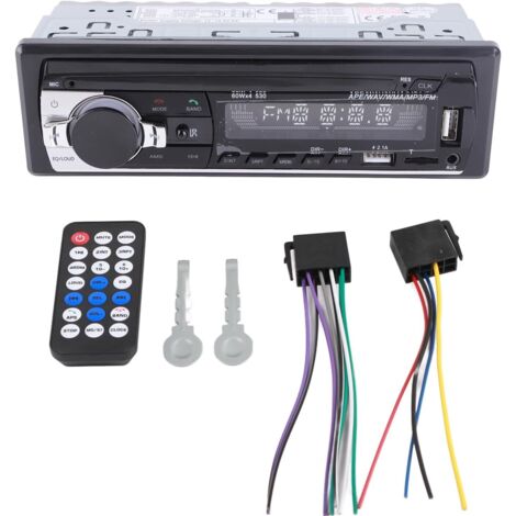 Autoradio FM mains libres avec double port USB, entrée auxiliaire, Bluetooth, lecteur MP3 et télécommande. Compatible cartes TF, MMC et clés USB. Fonction mains libres. Lecture de musique sans perte.