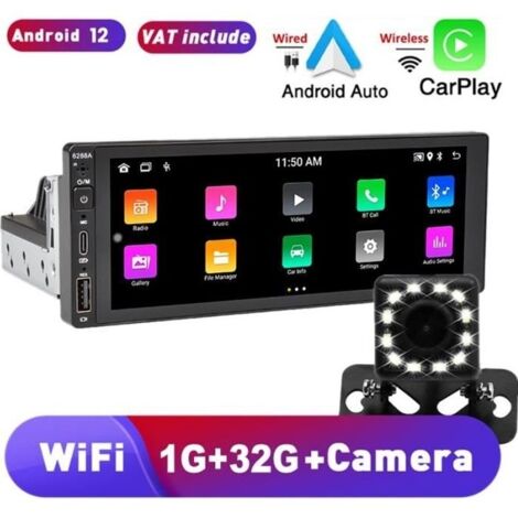 Autoradio GPS 6.86'" Écran Tactile HD 1 Din Android 12 1G+32G CarPlay sans fil et Android Auto Mirror Link Bluetooth WiFi avec