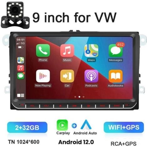 Autoradio GPS 9'" Android 12 WiFi Bluetooth Carplay 2G + 32G Radio FM pour VW Passat 6 7 CC Polo GOLF 5 6 Touran T5 12V Avec caméra