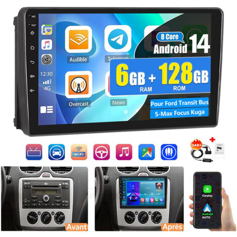 Autoradio GPS Android 14 9" DAB+ 6+128 Go pour Ford Transit, Bus, S-Max, Focus, Kuga, 4G, navigation GPS et Wi-Fi - 6+128G DAB+