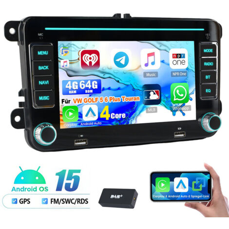 Autoradio GPS RDS Android 15 compatible CarPlay pour VW Golf 5, 6 Plus, Touran et Caddy 4+64G DAB