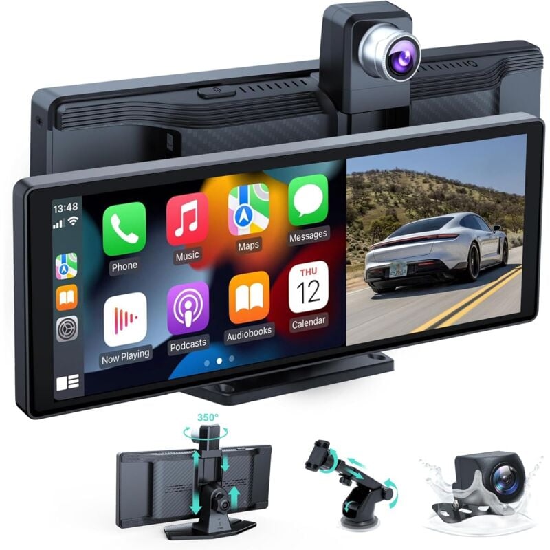 Autoradio sans fil, audio de voiture portable 10,26 pouces, écran Carplay avec caméra de tableau de bord double 4K avant + arrière 1080P, lecture de