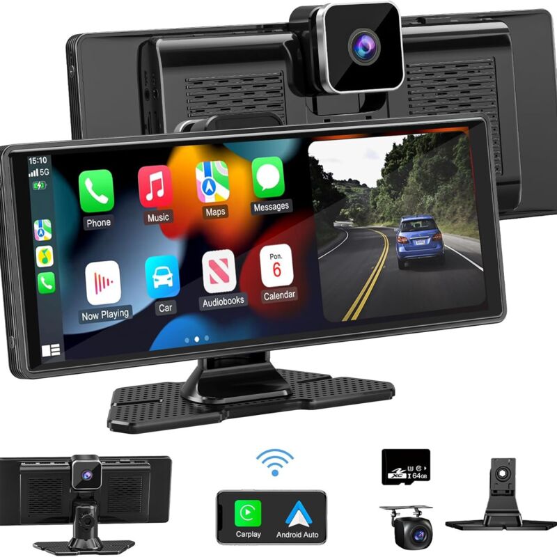 Autoradio sans fil, audio de voiture portable 10,26 pouces, écran Carplay avec caméra de tableau de bord double 4K avant + arrière 1080P, lecture de