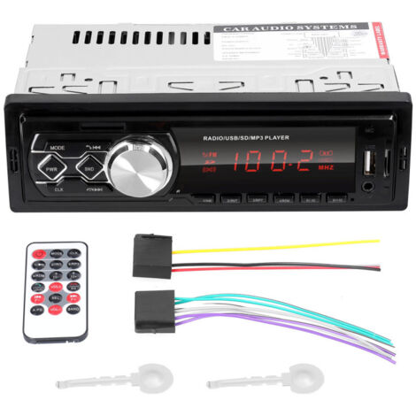 Autoradio simple DIN avec lecteur MP3 Bluetooth, radio FM, kit mains libres, lecteur clé USB/carte TF/entrée auxiliaire et télécommande.