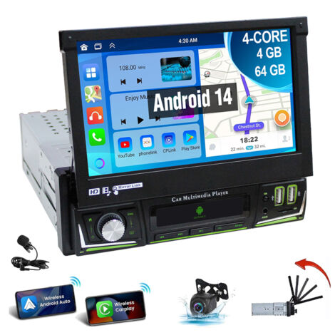 Autoradio stéréo 1 DIN avec écran rabattable de 7 pouces Android 14 Carplay GPS navigation Wi-Fi 2+64G CAM MIC