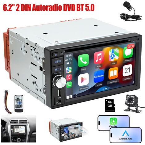 Autoradio stéréo 2 DIN, lecteur CD/DVD, Carplay, Android Auto, Bluetooth, USB, BT, AUX - 12CAM MIC 64G