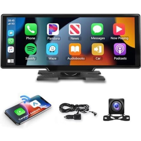 Autoradio wireless da 8,1" con Apple CarPlay, telecamera posteriore, touchscreen portatile, navigazione GPS, controllo vocale Google/Siri, Android Auto, Bluetooth, AUX/FM, Mirror Link, OTA