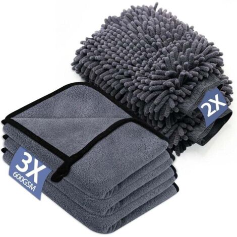 Autoreinigungsset: 3 Mikrofasertücher & 2 Mikrofaser-Waschhandschuhe, 600 g/m², zum Reinigen und Trocknen von Autos (40 x 30 cm)