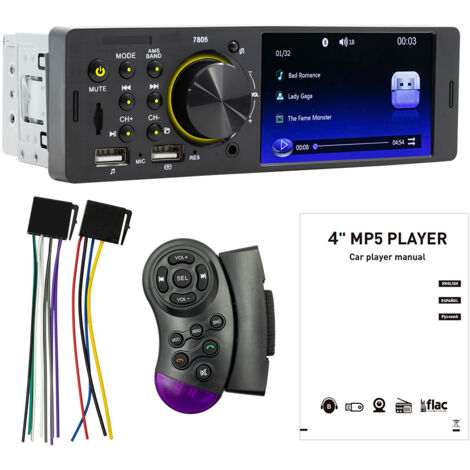 Autorradio 4,1" single DIN pantalla MP5  Bluetooth, radio FM  Reproducción TF/USB  Carga USB, manos libres, cámara trasera y controles volante