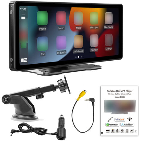 Autorradio MP5 de 10,26 pulgadas con Bluetooth, CarPlay, Android Auto, radio FM, cámara de marcha atrás y soporte ajustable.