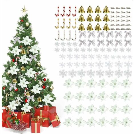 Autre décoration pour Noël-Ensemble Fleurs Noël Scintillantes, 120pcs Ornements Fleurs Arbre de Noël Comprenant 24 Fleurs Poinsettia Scintillantes 24 Clips 12 arcs 12 Cloches 12 Béquilles et 36 Flocon