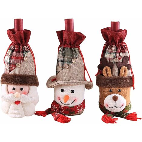 Autre décoration pour Noël-Paquet de 3 sacs de bouteilles de vin de Noël, robe de bouteille de vin de Noël, père Noël, bonhomme de neige et sacs à cordon de renne pour la fête des fêtes