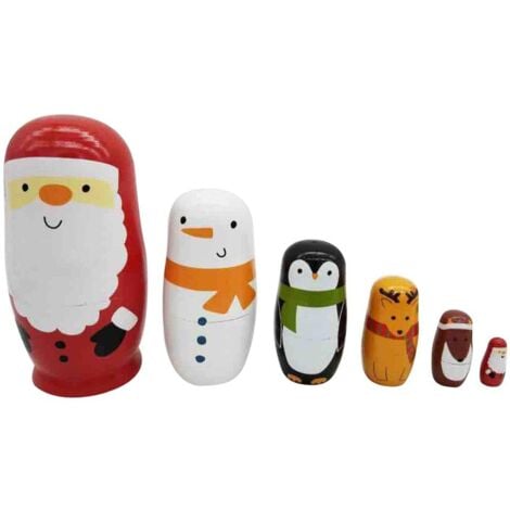 UMNUOU Autre décoration pour Noël, Poupées gigognes russes en bois 6 pièces mignon Père Noël traditionnel souhaitant Matryoshka poupées de tri et d'empilage faites à la main jouets