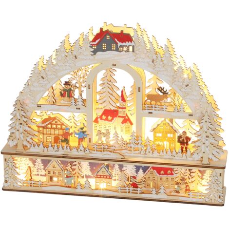 Autre décoration pour Noël Village de Noël lumineux avec 20 LED, village de Noël animé en arc, fonctionne sur piles, 45 x 10 x 35 cm, bois naturel