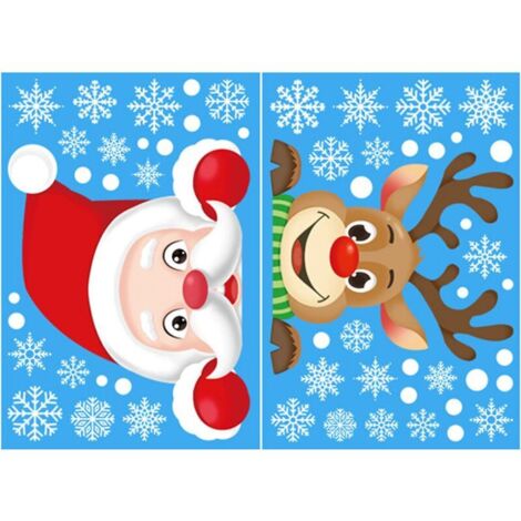 Autre décoration pour Noël,Autocollants de fenêtre de Noël, 2 feuilles d'autocollants de fenêtre de flocons de neige de Père Noël et Rudolph réutilisables