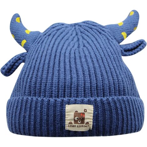 Autre statue de jardin 1-5Y bébé hiver chaud corne de boeuf bonnet tricoté pour les tout-petits enfants Crochet crâne casquette coton manchette bonnet chapeau - Bleu