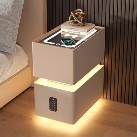 AUTRUCKER Comodino LED per camera da letto con 2 cassetti, serratura a combinazione, stazione di ricarica wireless e illuminazione a tre colori cachi,25x40x48cm