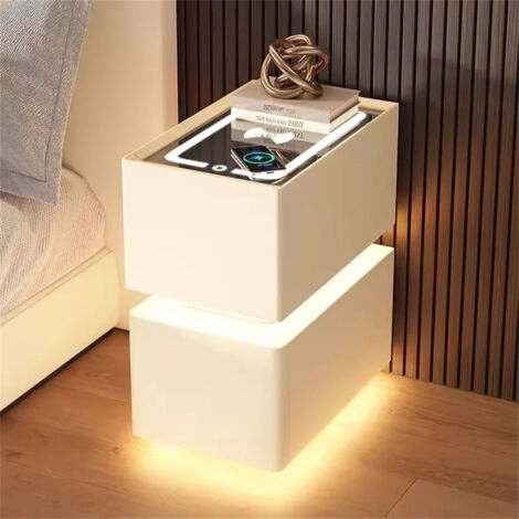 AUTRUCKER Connected bedside table with light sensor and LED, wireless charging, adjustable brightness, 2 drawers, white, 25 x 40 x 48 cm