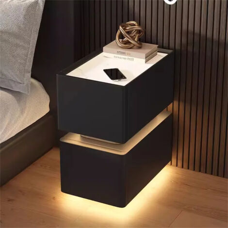AUTRUCKER Connected bedside table with light sensor and tricolor lighting, Nordic style storage unit, sensor bedside table (black)
