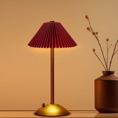 AUTRUCKER Lampe d'ambiance avec abat-jour plissé style nordique, lampe de chevet, chargement USB, 3 couleurs de lumière, pour la décoration intérieure - Rouge
