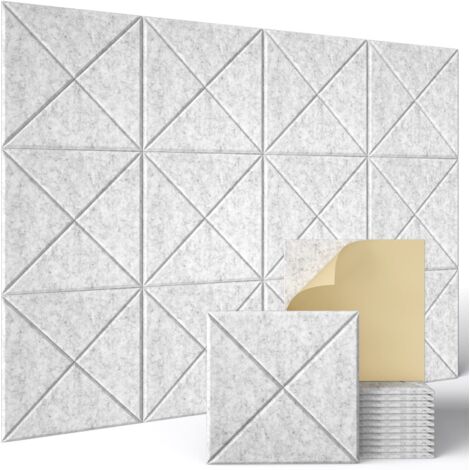 AUTRUCKER Lot de 12 panneaux d'isolation acoustique en fibre de polyester, panneaux muraux décoratifs absorbant le son, panneaux adhésifs absorbant le son, gris clair, 30 cm x 30 cm