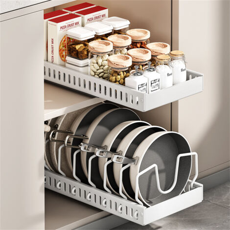 AUTRUCKER Lot de 2 étagères de rangement réglables pour casseroles et pots de cuisine, type tiroir, pour assaisonnements, blanc
