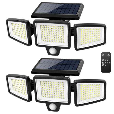AUTRUCKER Lot de 2 lampes solaires d'extérieur 210LED avec télécommande,détecteur de mouvement à 3 têtes,étanchéité IP65,appliques murales à 3 modes