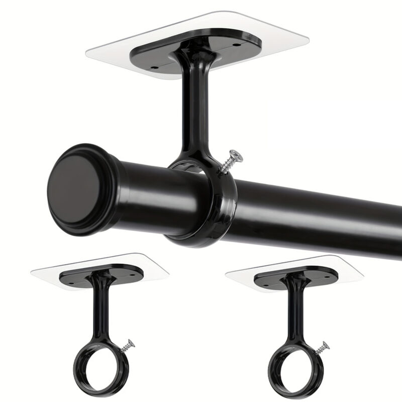 AUTRUCKER Lot de 2 crochets adhésifs pour tringle à rideaux, supports de tringle à rideaux à fixer au plafond, noirs, sans perçage