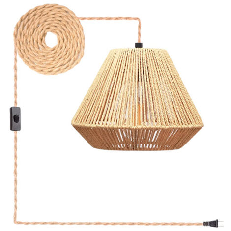 AUTRUCKER Lustre en corde de chanvre, lustre de style bohème, lustre en rotin à brancher, lumière tricolore, prise standard européenne