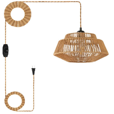 AUTRUCKER Lustre en forme de chapeau de paille de style français, lustre en rotin à brancher, luminaire suspendu, ampoule non incluse, prise standard européenne