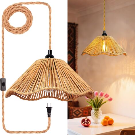 AUTRUCKER Lustre minimaliste français en rotin, à brancher, lustre de style bohème, lustre de style champêtre, ampoule non incluse, prise standard européenne