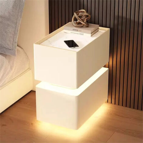 AUTRUCKER Mesita de noche inteligente con sensor de luz e iluminación tricolor, mueble de almacenaje de estilo nórdico, mesita de noche con sensor (blanca).