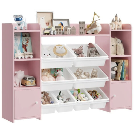 AUTRUCKER Meuble de rangement pour jouets,bibliothèque pour enfants Comprend8boîtes et étagères amovibles,convient pour le salon et la chambre-138x29x94cm