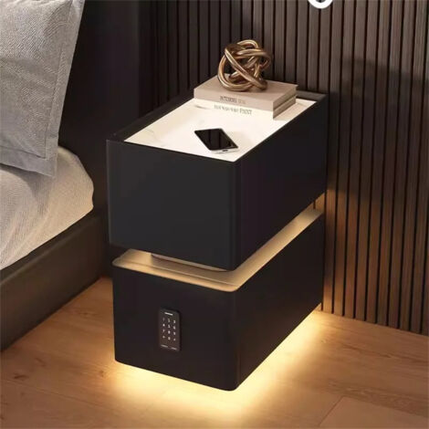 AUTRUCKER Narrow bedside table with combination lock, modern bedside table with light sensor, 2-drawer bedside table, black, 25x40x48CM