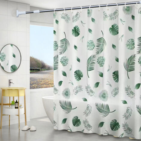 AUTRUCKER Rideau de douche décoratif à feuilles vertes de la jungle, rideau de séparation de salle de bain sans perforation, 12 crochets, 150180cm
