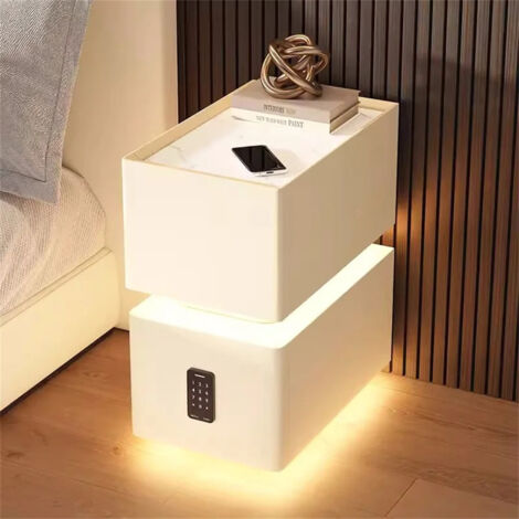 AUTRUCKER Smart bedside table with combination lock and light sensor, LED lighting, 2-drawer white bedside table, 25 x 40 x 48 cm