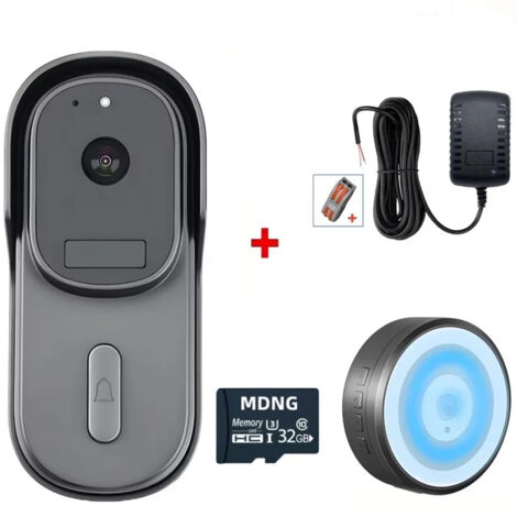AUTRUCKER Sonnette vidéo extérieure Wi-Fi 1080p adaptateur secteur 12-24V sonnette vidéo sans fil avec carte mémoire 32Go, compatible avec Alexa et Google Home