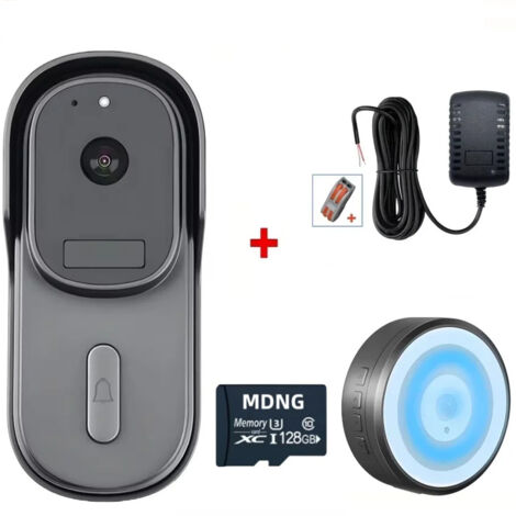 AUTRUCKER Sonnette vidéo intelligente Wi-Fi 1080P, rechargeable sans fil, compatible avec Alexa et Google Home, avec carte mémoire 128 Go Sans batterie