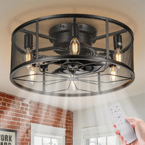 AUTRUCKER Ventilateur de plafond cage noir 45 cm avec lumière encastrée, petite suspension fine avec télécommande (ampoule non incluse)