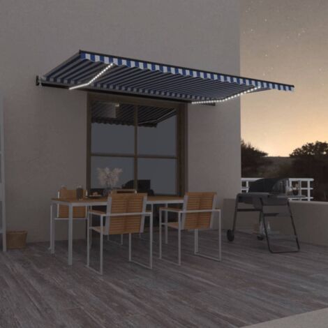 Auvent automatique capteur de vent/LED  Store Banne Marquise 500x300 cm Bleu et blanc 43456