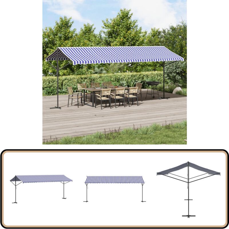 Auvent autoportant bleu et blanc 600x300 cm tissu et acier - Parasol - Auvent - Parasol Patio - Ombrage - Abri Solaire