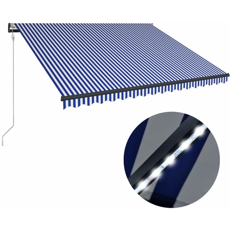 Auvent avec capteur de vent et LED 350x250 cm Bleu et blanc