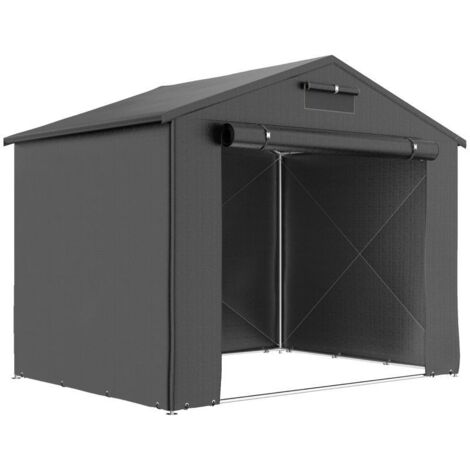 Auvent de garage étanche, mesurant 2,5 x 1,8 mètres, avec porte à enroulement zippée et fenêtre d'aération. Gris foncé.