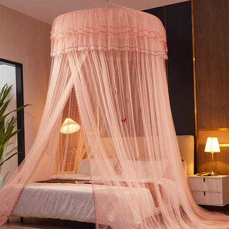 Auvent de lit de princesse romantique pour filles, rideau en dôme en maille transparente, moustiquaire princesse en dentelle ronde, 120 270 1200 cm rose clair