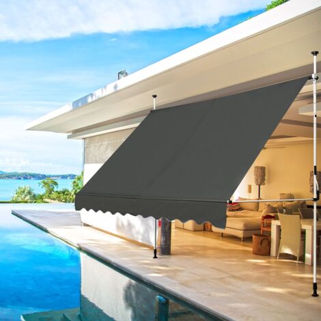 Auvent Manuel Rétractable 300CM Hauteur Réglable 200-300CM Store Banne en Aluminium et Tissu Oxford Anti UV Gris