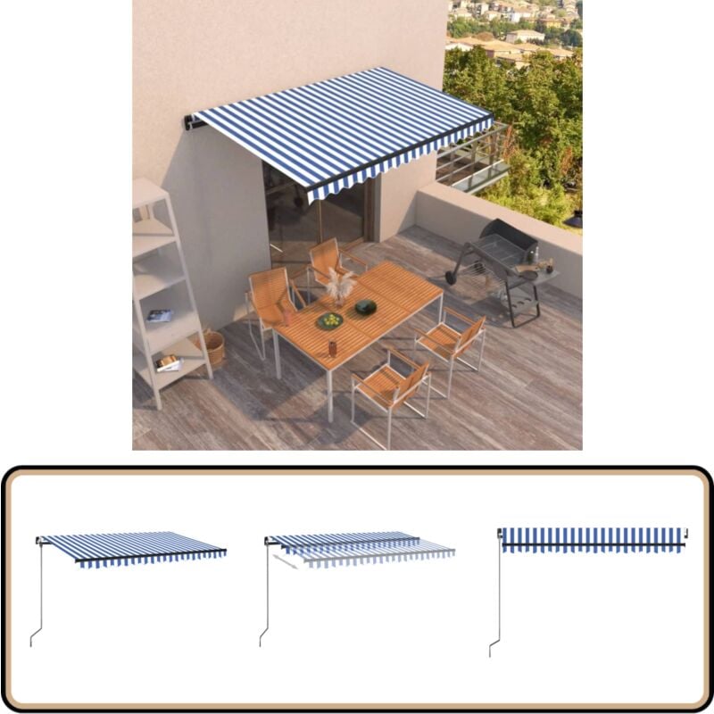 Auvent manuel rétractable 400x350 cm Bleu et blanc - Auvent Pliable - Store Extérieur - Abri Solaire - Parasol - Protection Soleil