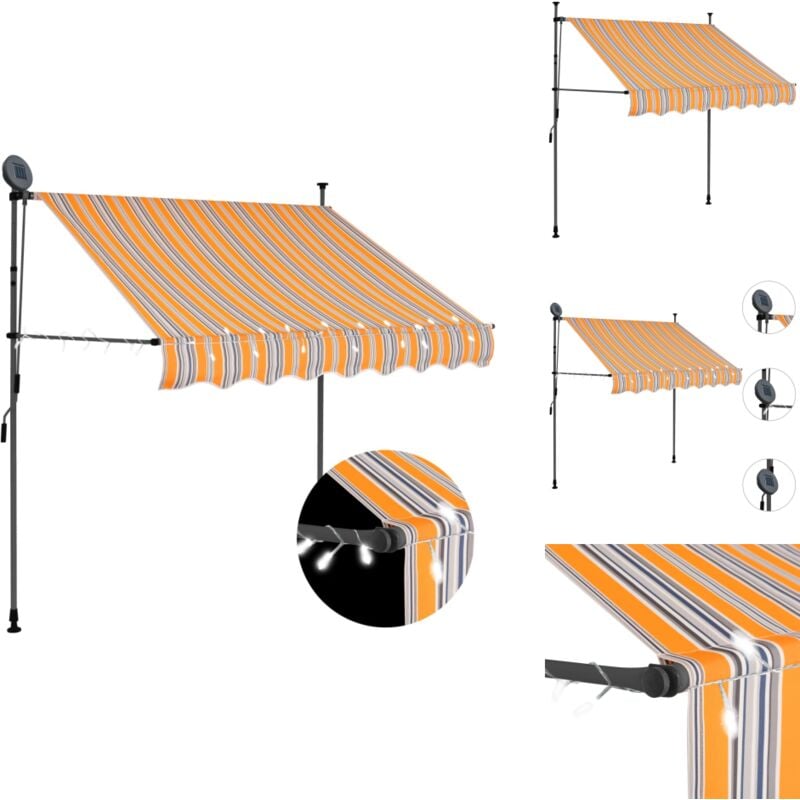 Auvent manuel rétractable avec led 200 cm Jaune et bleu - Auvent Retractable - Stores Exterieurs - Parasol - Abri Jardin - Éclairage Led Solaire