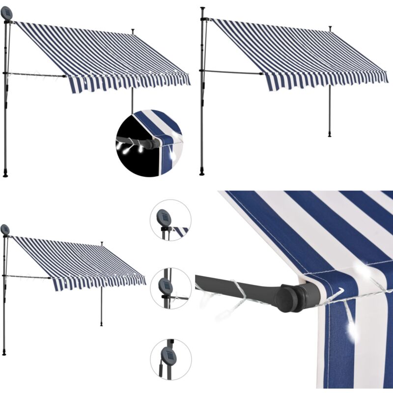 Auvent manuel rétractable avec led 250 cm Bleu et blanc - Auvent Pliable - Auvent Extérieur - Abri Soleil - Protection Solaire - Store Banne - Home &