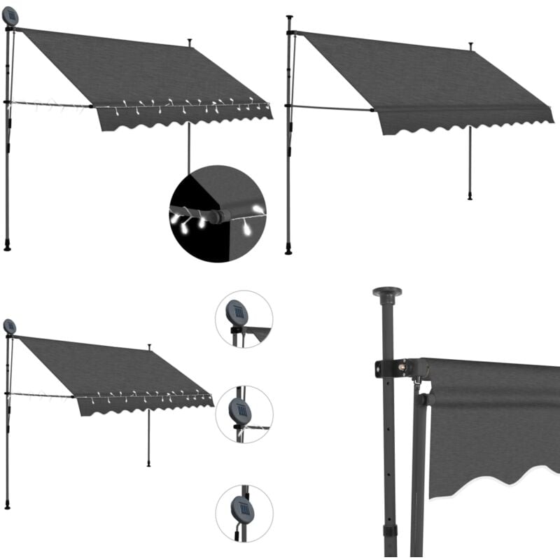 Auvent manuel rétractable avec led 300 cm Anthracite - Auvent Retractable - Parasol Exterieur - Abri Jardin - Protection Soleil - Store Banne - Home