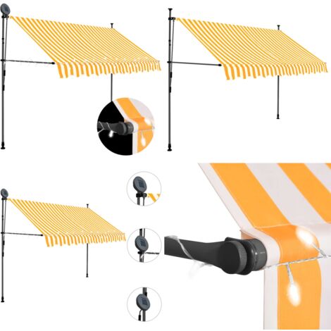 Auvent manuel rétractable avec LED 300 cm Blanc et orange - Auvent Retractable - Stores Exterieurs - Parasol - Abri Jardin - Protection Soleil - Home & Living